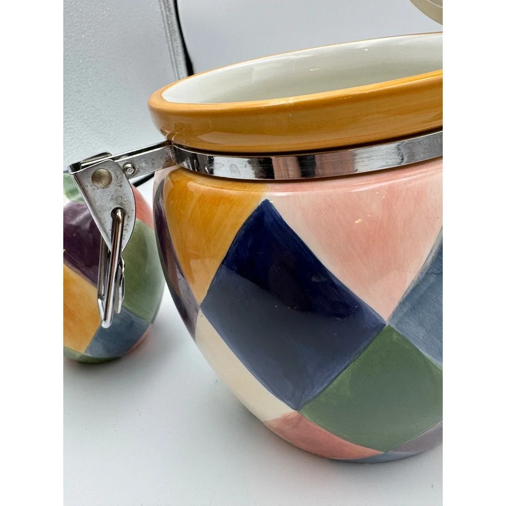 Tabletops Unlimited Carnival Ceramic‎ Canister and Salt Pepper Shakers Set 3pc